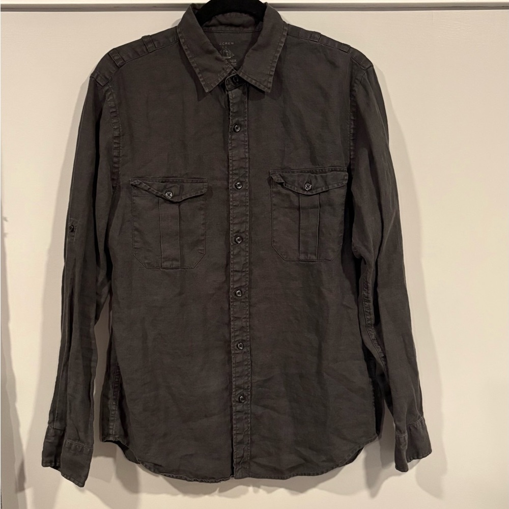 J. Crew Baird McNutt Irish Linen Medium Charcoal Button up Shirt Preppy Coastal
